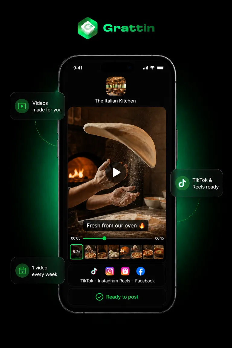 Grattin app video screen showing a TikTok and Instagram Reels video of pizza dough being tossed, made for an Italian restaurant and ready to post