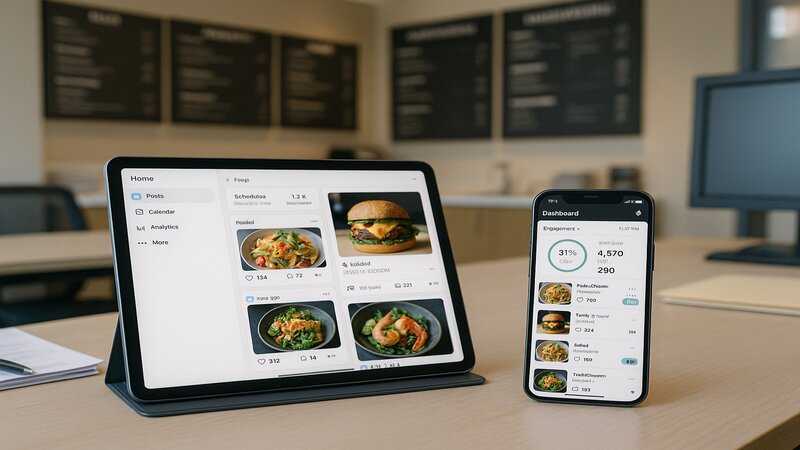 Tablette et smartphone affichant différentes applications de gestion des réseaux sociaux pour restaurant