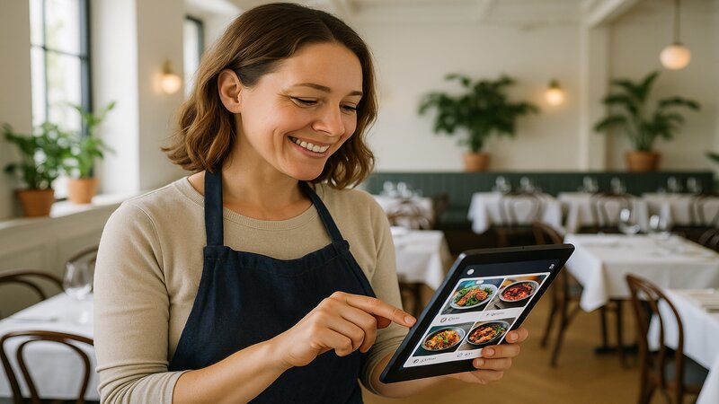 Restauratrice utilisant une application de gestion des réseaux sociaux sur tablette