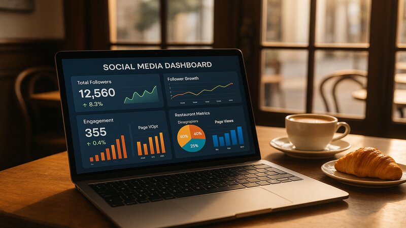 Dashboard d'analytics sur ordinateur portable montrant les résultats des réseaux sociaux d'un restaurant