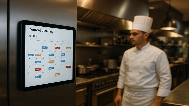 Tablette affichant un calendrier de planification de contenu dans une cuisine de restaurant