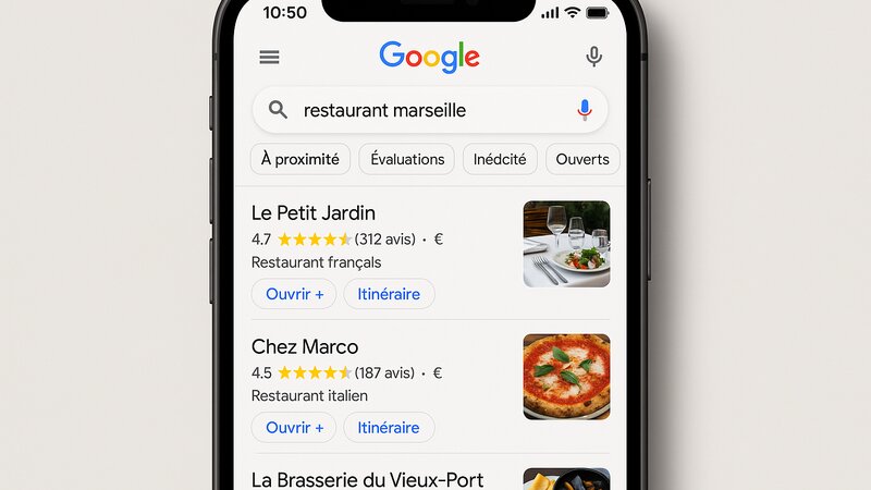 Résultats Google Maps montrant le pack local de 3 restaurants avec notes et nombre d'avis