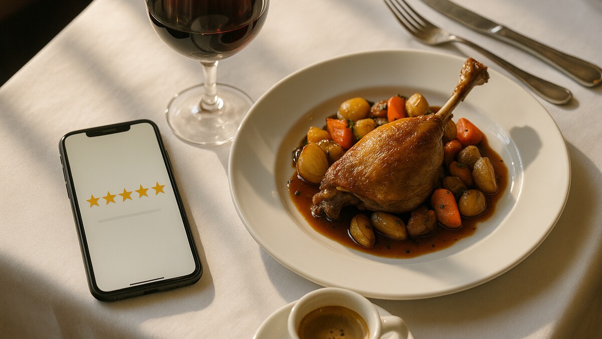 Table de restaurant avec smartphone affichant des avis Google 5 étoiles, plat de pâtes et verre de vin
