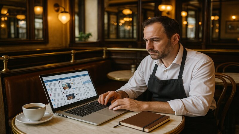 Restaurateur créant du contenu en batch avec laptop et dashboards réseaux sociaux