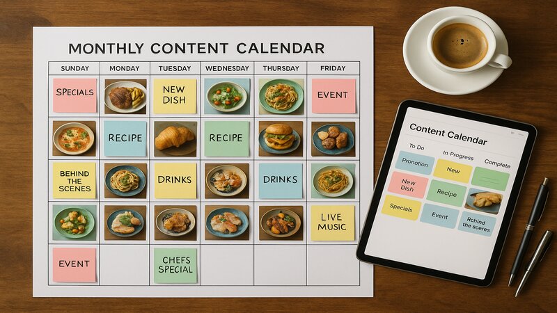 Calendrier éditorial mensuel pour restaurant avec post-its colorés et tablette de planification