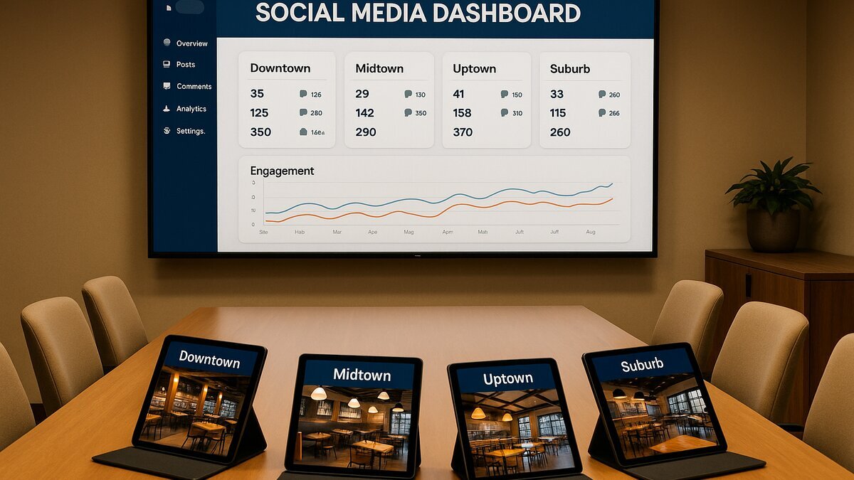 Salle de réunion franchise restaurant avec dashboard centralisé de communication multi-établissements