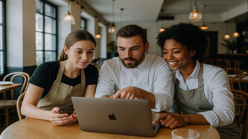 Équipe de restaurant collaborant sur la stratégie de contenu autour d'un laptop