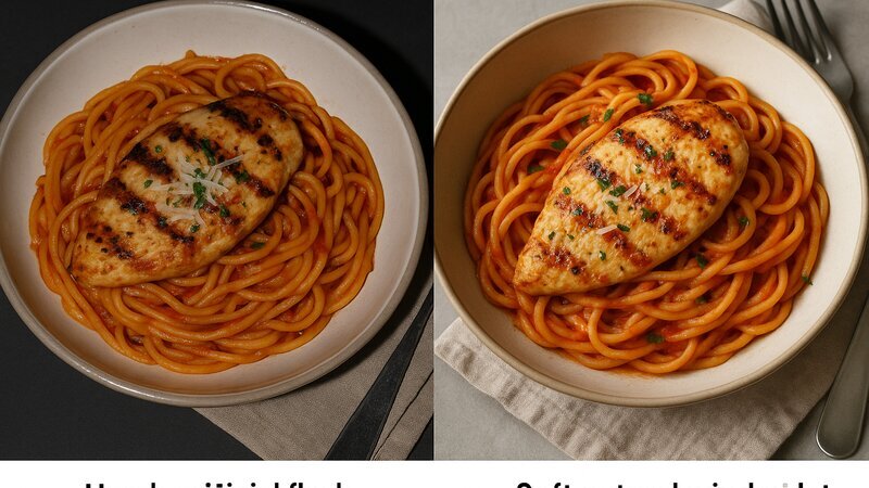 Comparaison de la même photo de plat avec flash artificiel versus éclairage naturel latéral