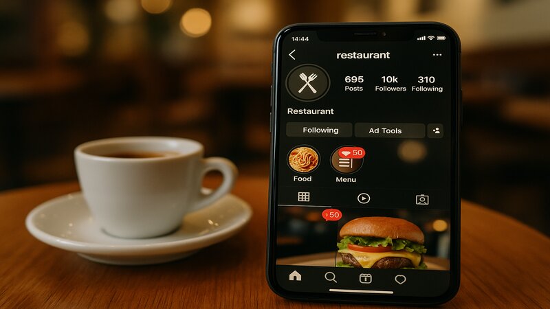 Smartphone avec notifications de commentaires non répondus sur un profil Instagram restaurant