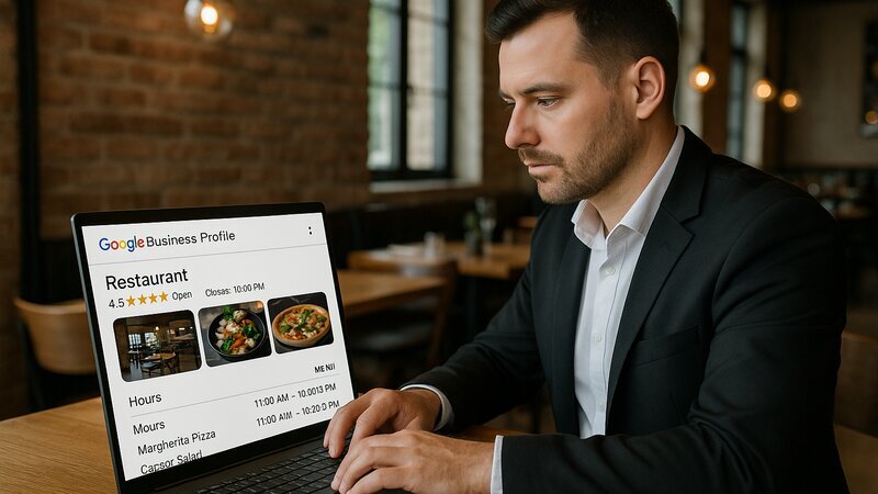 Restaurateur optimisant sa fiche Google Business Profile sur ordinateur portable