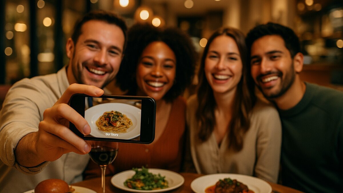Clients heureux prenant un selfie avec leurs plats dans un restaurant moderne