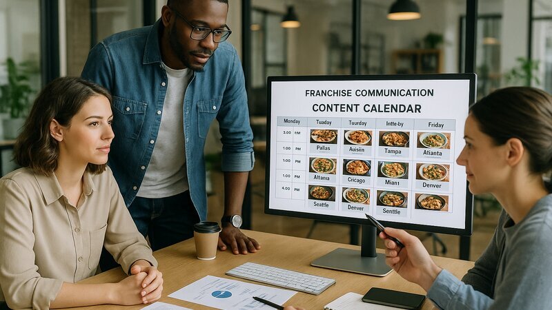 Équipe marketing travaillant sur la communication franchise avec calendrier de contenu multi-établissements