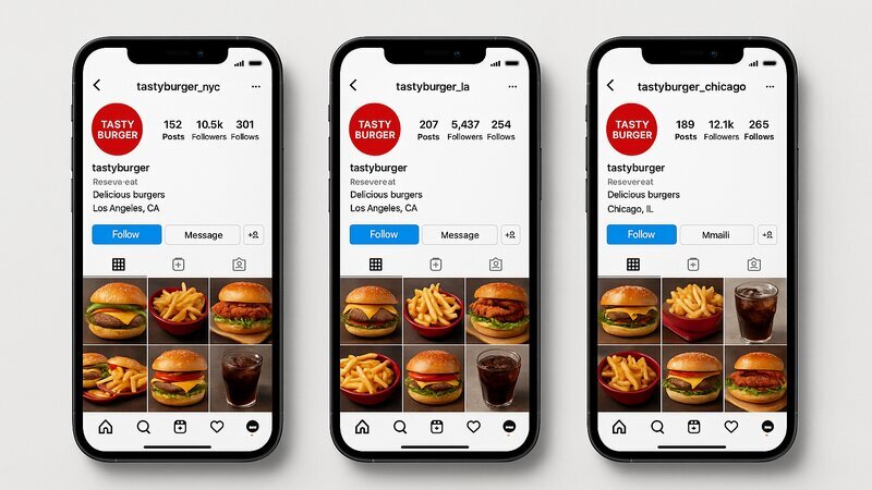 Trois smartphones montrant les feeds Instagram cohérents de différentes franchises du même restaurant