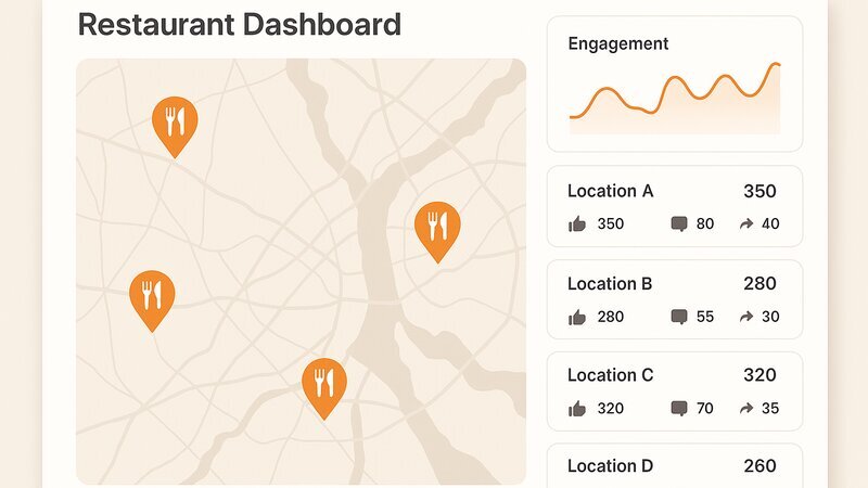 Dashboard centralisé montrant les performances de communication de plusieurs restaurants franchisés