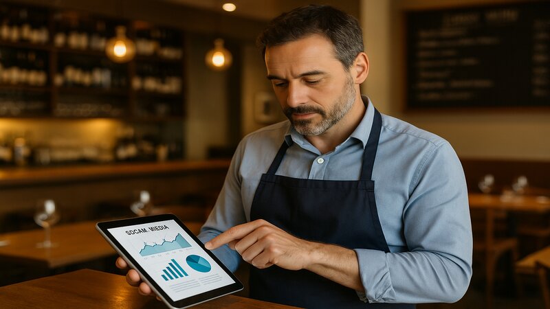 Restaurateur analysant les statistiques de ses réseaux sociaux sur tablette dans son restaurant