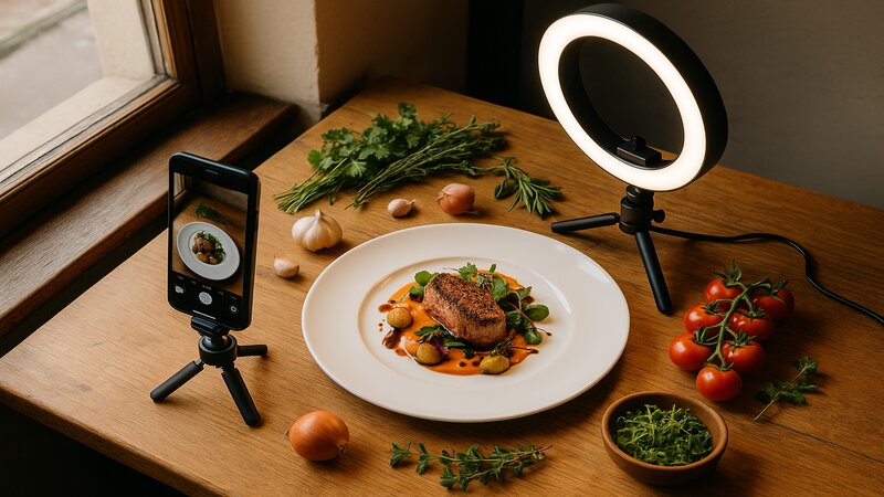 Setup de food photography dans un restaurant avec smartphone sur trépied et éclairage naturel