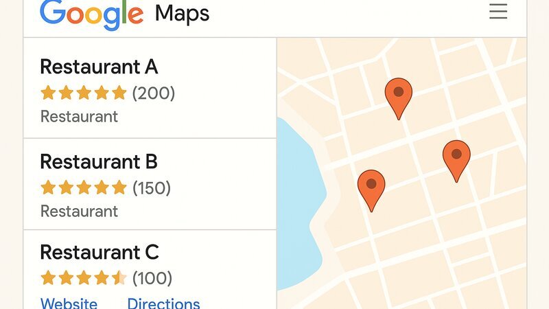 Pack Local Google Maps affichant trois restaurants avec notes et avis