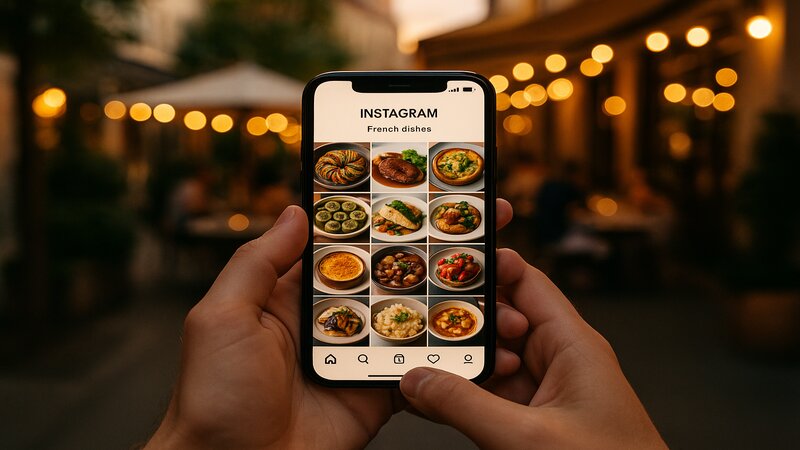Smartphone affichant un feed Instagram de restaurant avec photos de plats français