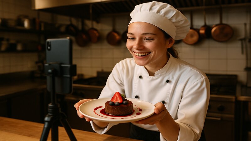 Chef filmant un Reel Instagram dans sa cuisine de restaurant