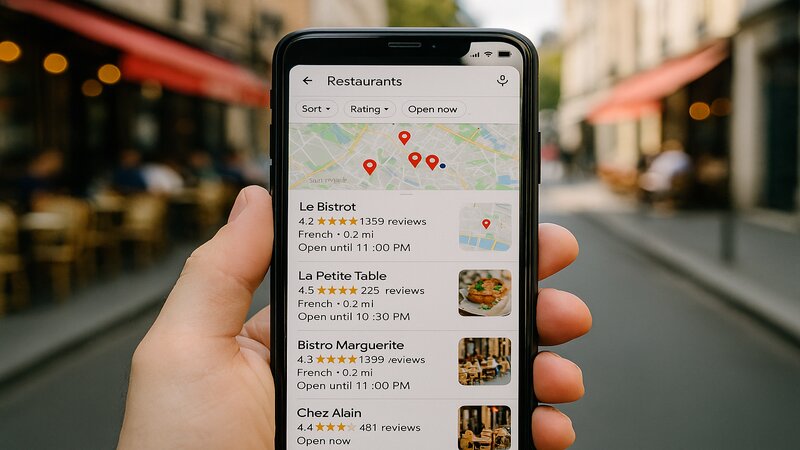 Smartphone affichant Google Maps avec des restaurants notés et avis