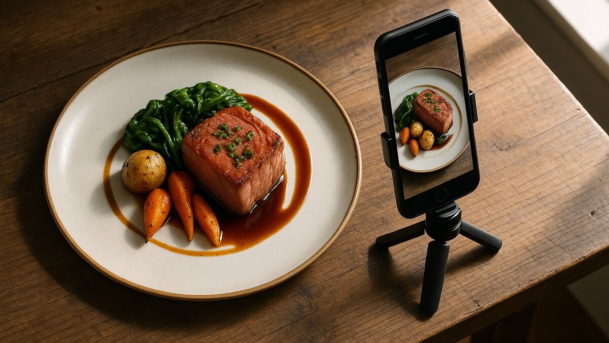 Smartphone sur trépied photographiant un plat gastronomique avec éclairage naturel