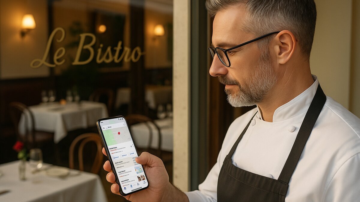 Restaurateur consultant Google Maps sur smartphone avec son restaurant en première position