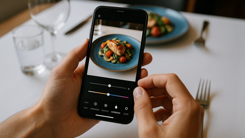 Mains retouchant une photo de plat sur smartphone avec une application d'édition