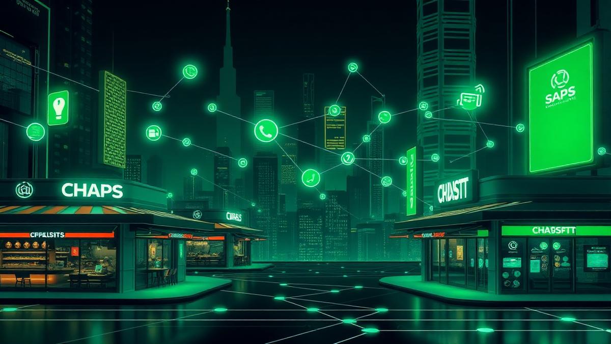 Plateforme SaaS connectant des restaurants via un réseau digital automatisé futuriste