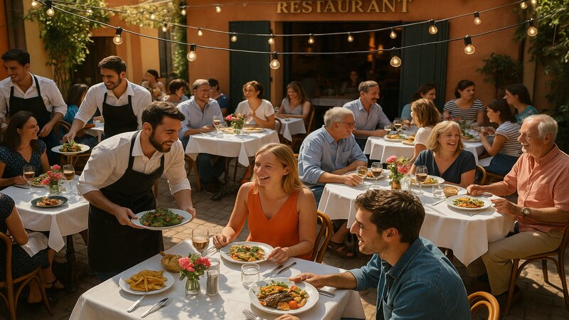 Terrasse de restaurant français pleine de clients satisfaits au déjeuner