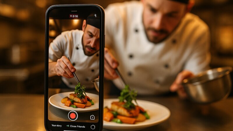 Smartphone filmant une story Instagram d'un chef dressant un plat en cuisine