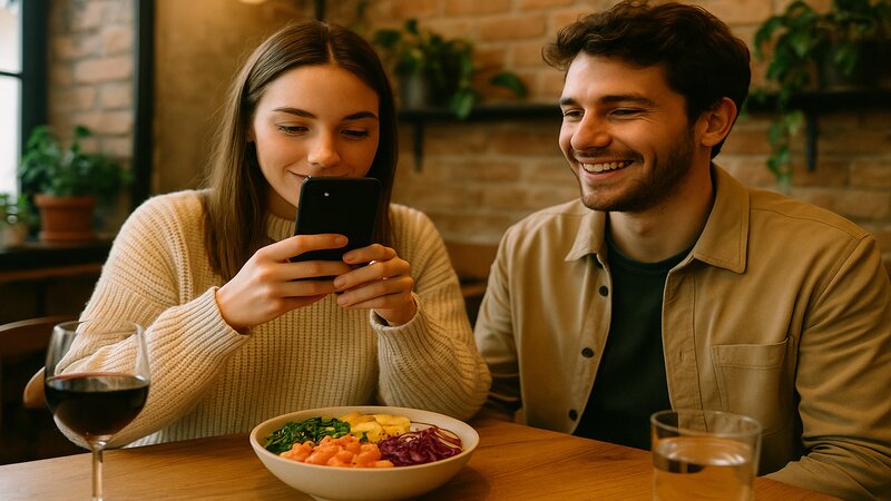 Clients filmant leur plat pour TikTok dans un restaurant français tendance