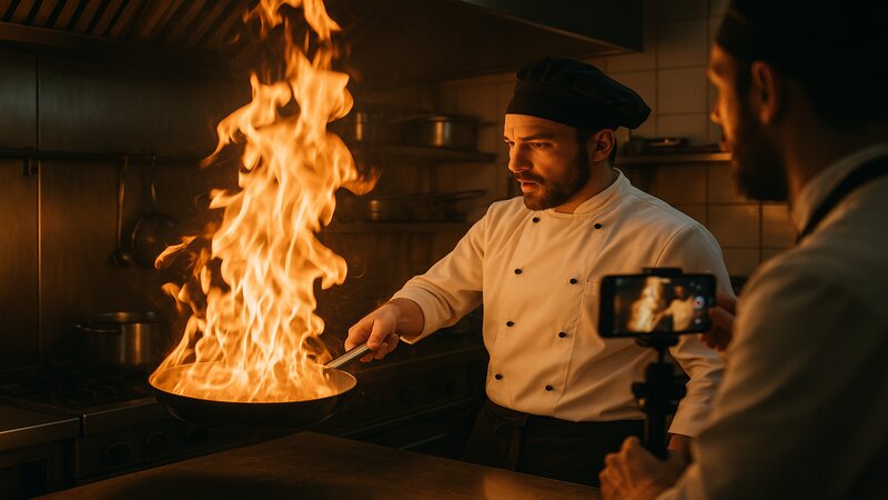 Chef réalisant un flambé spectaculaire filmé par un collègue pour TikTok