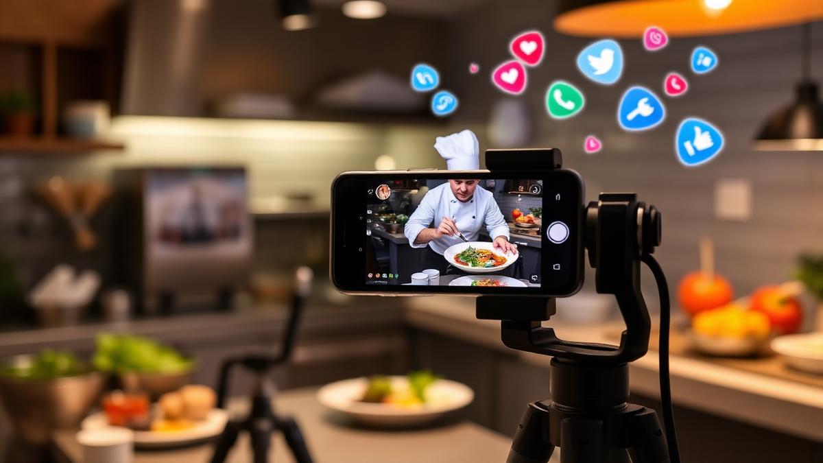 Chef filmant la préparation d'un plat avec un smartphone sur trépied pour TikTok restaurant